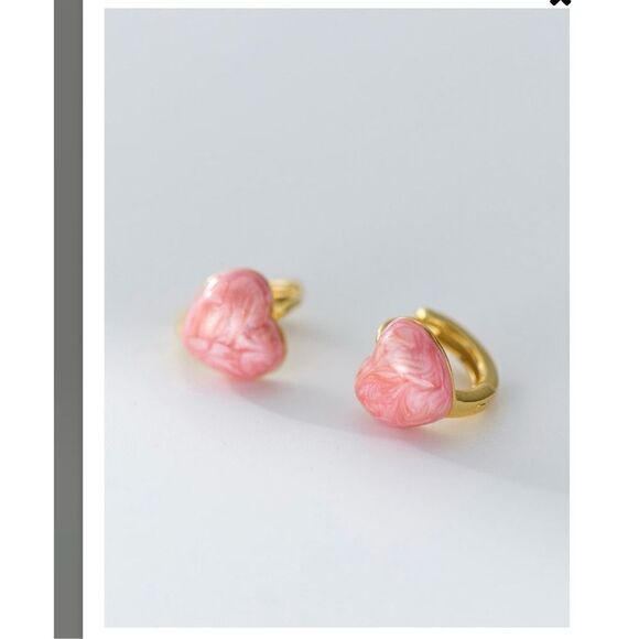 Pink Enamel Heart on Rose Vermeil Gold Huggie Earrings - Picture 4 of 4